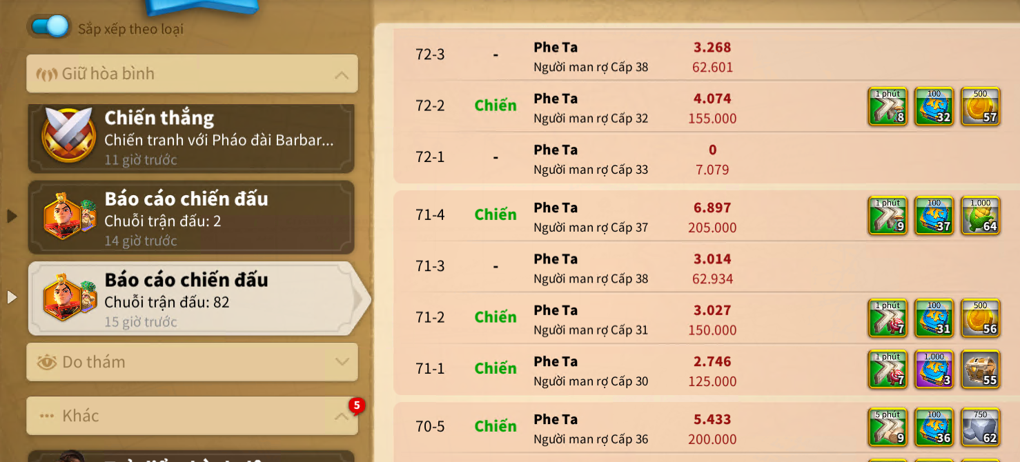 Battle reports rally pháo đài barbar Cấp 30-38 (60.000-205.000 troops/target) — tier sinh Honor 5.000-10.000/kill, bot cover được 24/7 không miss