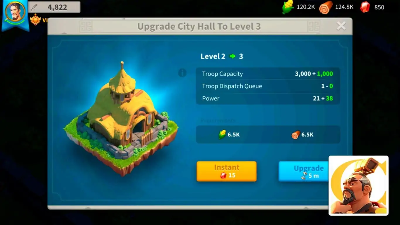 City Hall building Rise of Kingdoms — main building gate progression, T5 troops unlock at level 25